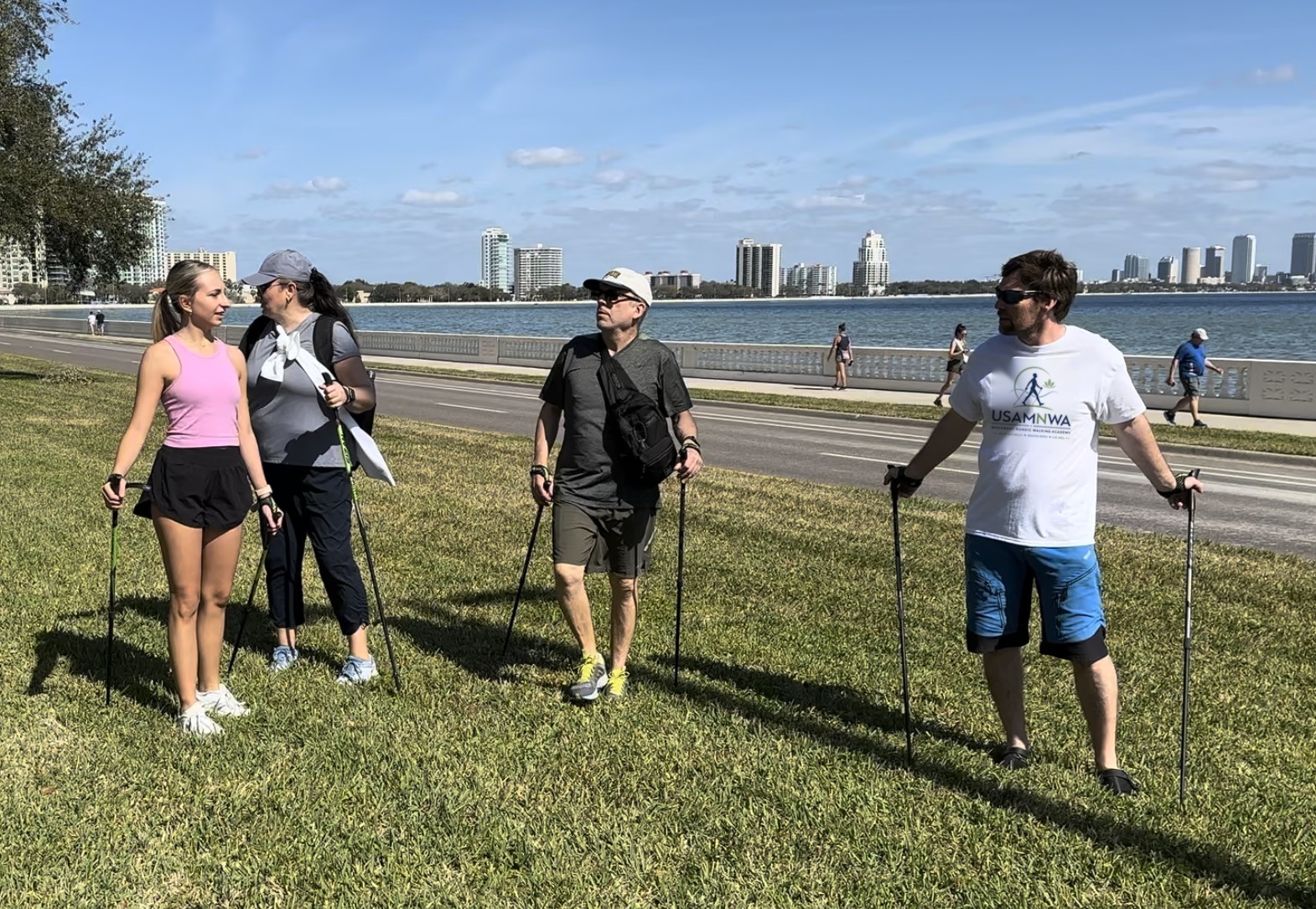 Level 1 — Nordic Walking Guide Certification 1 Nordic Walking group lesson on the Tampa Bay waterfront, Florida – Level 1 Nordic Walking Guide course